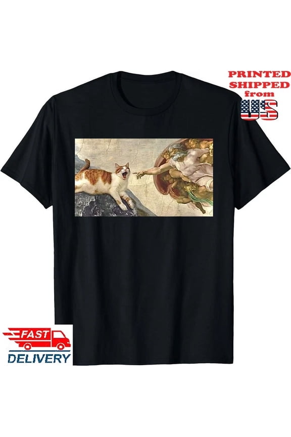 Funny Cat God Creation Adam Michelangelo Jesus Art Bite T-Shirt, Unisex Tee