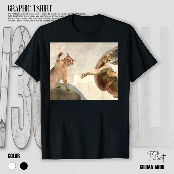 Funny Cat God Creation Of Adam Meme Art Parody Graphic Design Unisex T-Shirt V15396, up to Size 5XL