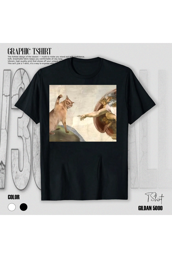 Funny Cat God Creation Of Adam Meme Art Parody Graphic Design Unisex T-Shirt V15396, up to Size 5XL