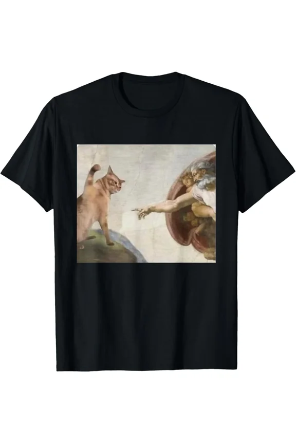 Funny Cat God Creation Of Adam Meme Art Parody Unisex T-Shirt up to size 5XL