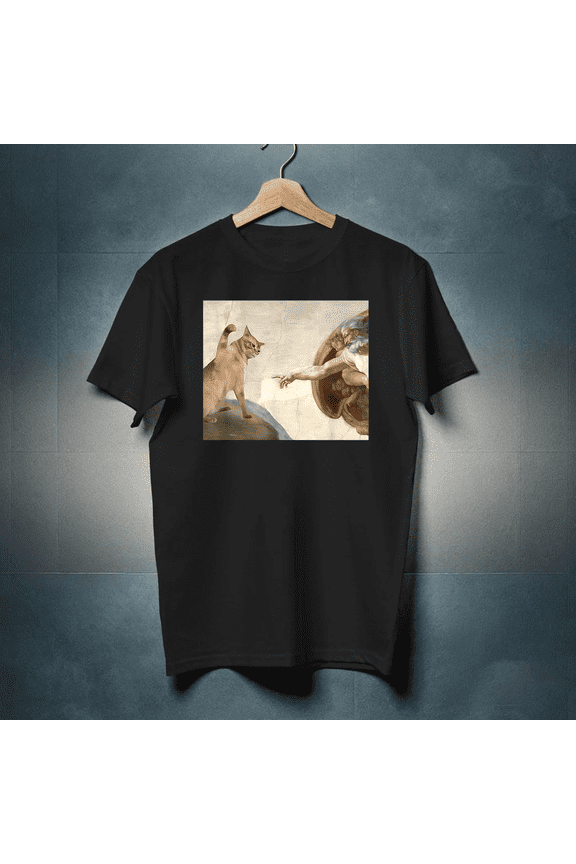 Funny Cat God Creation Of Adam Meme Art Parody Unisex T-Shirt up to size 5XL