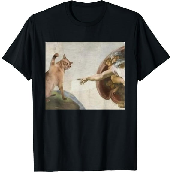 Funny Cat God Creation of Adam meme Michelangelo Jesus art Unisex T-Shirt for Men Women Kids Toddler,Black Color,Size 5/6
