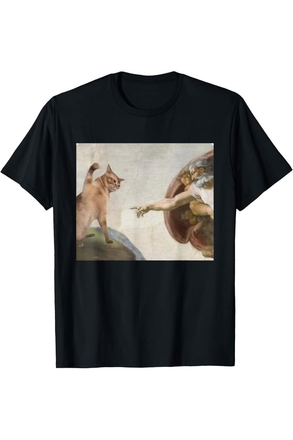 Funny Cat God Creation of Adam meme Michelangelo Jesus art Unisex T-Shirt for Men Women Kids Toddler,Black Color,Size XL