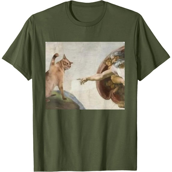 Funny Cat God Creation of Adam meme Michelangelo Jesus art Unisex T-Shirt for Men Women Kids Toddler,Military Green Color,Size 4T