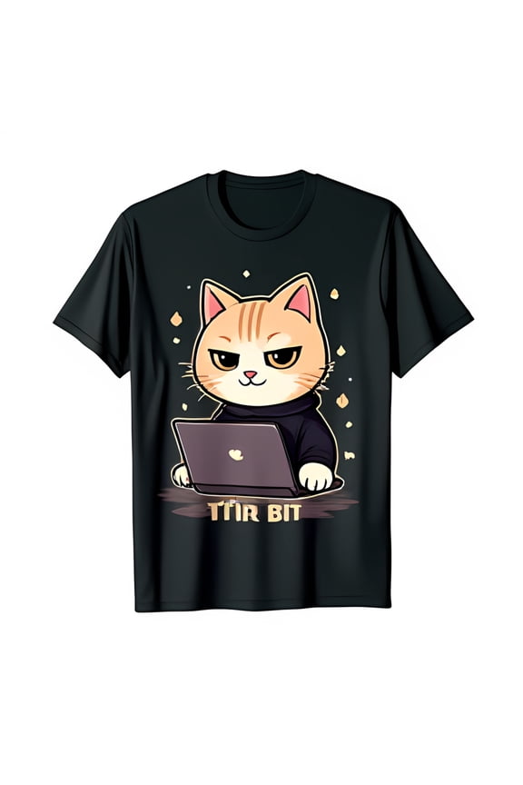 Funny Cat Graphic Black T-Shirt with Laptop Turtleneck & Gold Stars