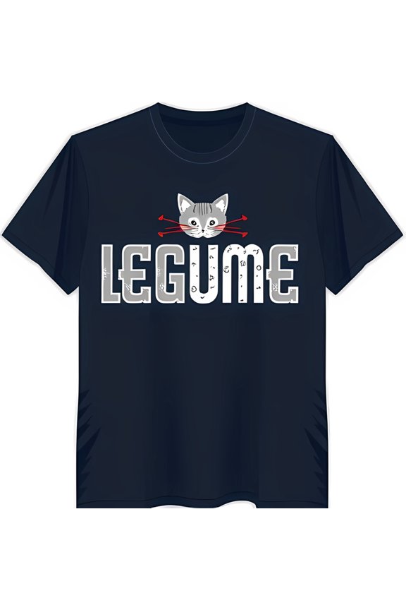 Funny Cat Graphic T-Shirt Dark Blue 'LEGUME' Design with Whimsical Cat Face