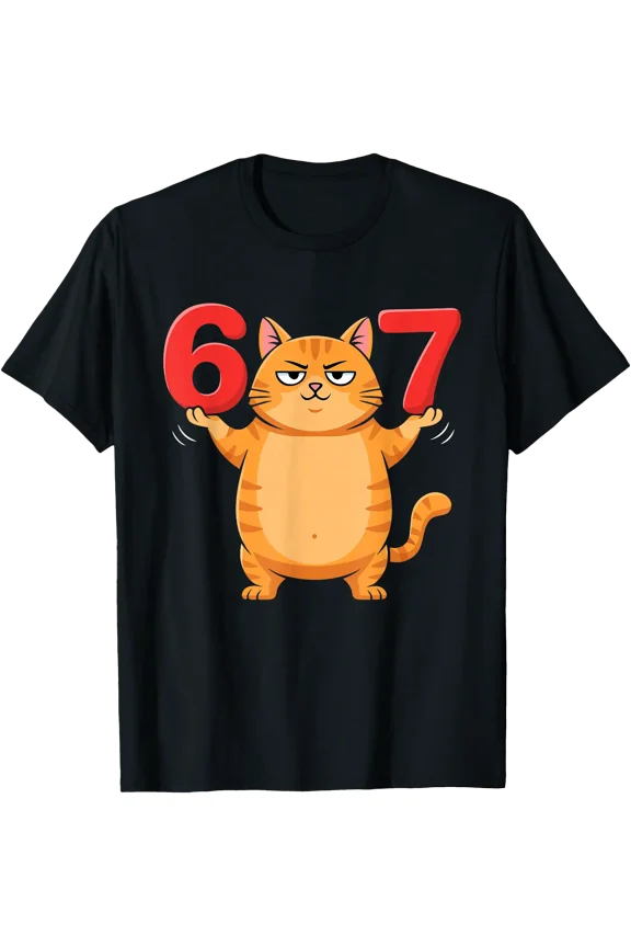 Funny Cat Holding 6 and 7 T-Shirt for Animal Lovers and Meme Fans