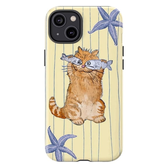 Funny Cat Holding Fish Over Eyes Phone Case, Aesthetic Sea Starfish Watercolor Cover for iPhone 17 16 15 14 13 12 11 Pro Plus Mini