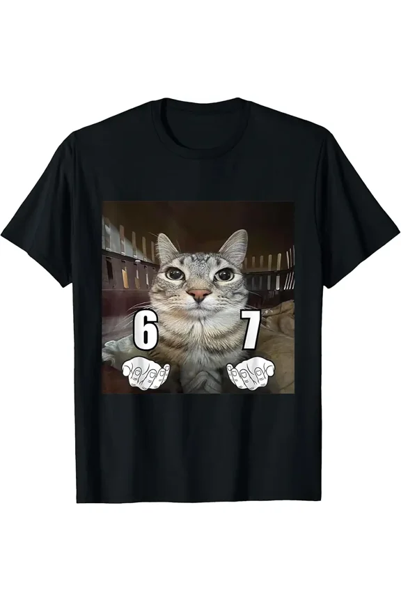 Funny Cat Holding Numbers 6 and 7 Unisex Gift Short Sleeve Graphic Tee