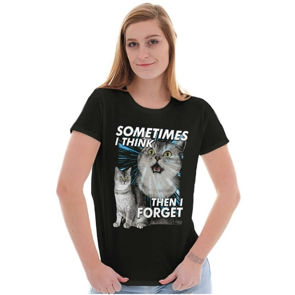 Funny Cat I Think Then I Forget Joke Womens Slim Fit Graphic Tee Brisco Brands M