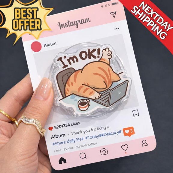 Funny Cat 'I'm OK' Meme Phone Grip, Cute Tired Cat Aesthetic Phone Holder Stand, Essential WFH Desk Accessory & Humorous Gift.