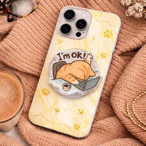 Funny Cat 'I'm OK' Meme Phone Grip, Cute Tired Cat Aesthetic Phone Holder Stand, Essential WFH Desk Accessory & Humorous Gift.