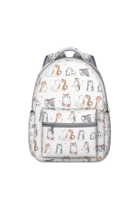 Funny Cat Illustration Student School Backpack with Paw Print Adorable Cartoon Artistic Watercolor Design Book Bag