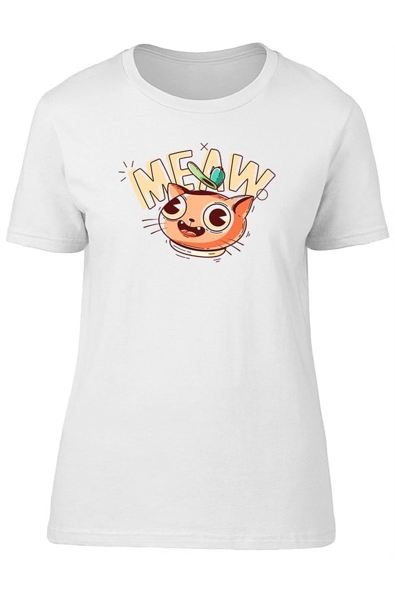 Funny Cat In A Cap Meaw Phrase T-Shirt Women -Image by Shutterstock, Female Medium