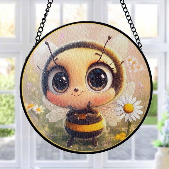 Bumblebee Stained Glass Suncatcher Metal Outdoor Decor Cute Cartoon Yellow Black