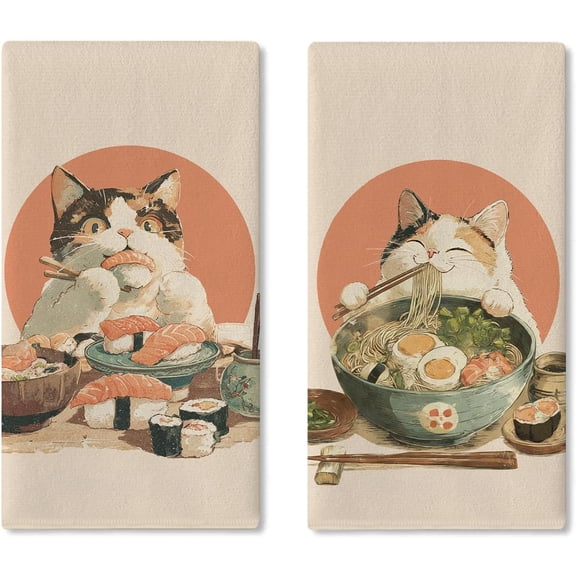 Funny Cat Japanese Food Kitchen Dish Towels Set of 2, Pet Sushi Ramen Noodles Drying Hand Towel Baking Cooking Cloth, Asian Cuisine Restaurant Dinning Room Home Decor 18'' x 26''