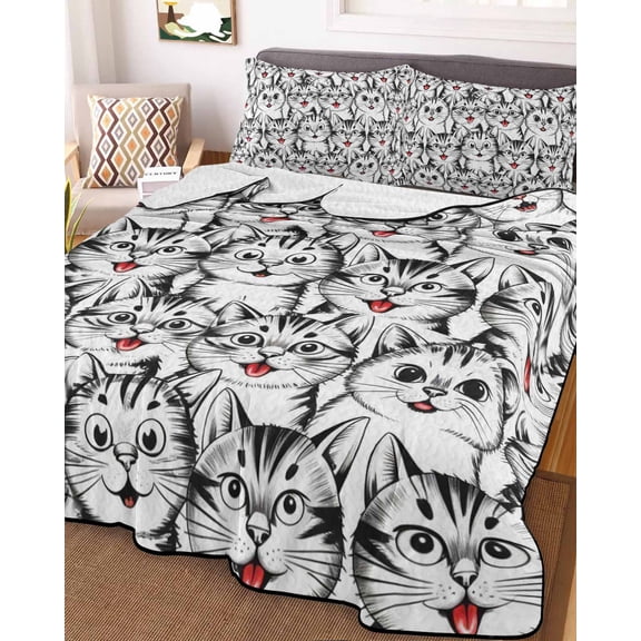 Funny Cat King Size Down Alternative Comforter, Lightweight Comforter Quilt Bedding Set with Pillow Shams Abstract Cartoon Cute Animals Printed All Seasons Bed Comforter Duvet Insert 96"x106"