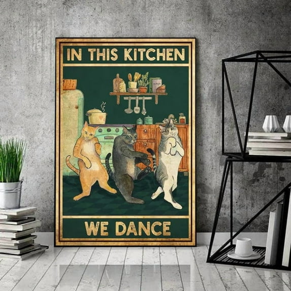Funny Cat In This Kitchen We Dance Vintage Poster,Cat Cooking Poster,Cat Lover Poster,Vintage Cat Poster,Cat Wall Decor,Painting Art,Dining Room Wall Decor Ideas, Art Deco Frameless 20x30inch