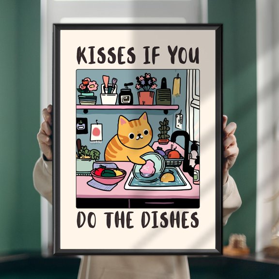Funny Cat Kitchen Poster Kisses If You Do the Dishes, Poster Only