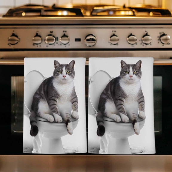 Funny Cat Kitchen Towels Set of 1, Modern Abstract Cute Animals on Toilets Artwork Absorbent Dish Towels for Kitchen, Microfiber Hand Towel, Quick Drying Tea Towel for Cleaning Decorative Dishcloths