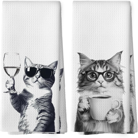 Funny Cat Kitchen Towels Set of 2, Funny Kitchen Decor, Coffee Station Wine Bar Decor, Black and White Cat Owner Gift Hand Towel, Dining Room Decorative Tea Towel Dish Towels 16x24 Inch