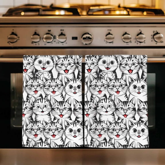 Funny Cat Kitchen Towels Set of 3, Abstract Cartoon Cute Animals Printed Absorbent Dish Towels for Kitchen, Microfiber Hand Towel, Quick Drying Tea Towel for Cleaning Decorative Dishcloths