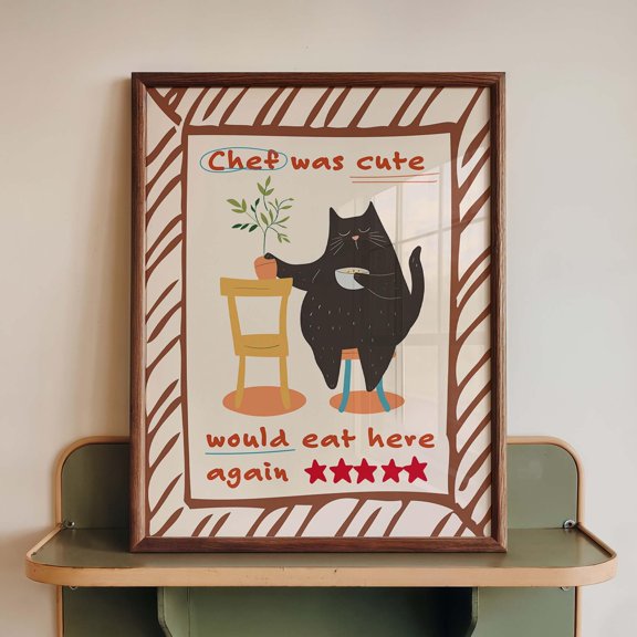 Funny Cat Kitchen Wall Art Print, Chef Was Cute Poster, Cafe Review Decor, Black Cat Foodie Gift, Dining Room Art, Poster Only