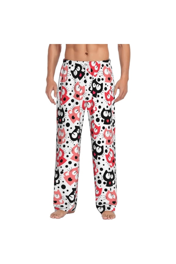 Funny Cat Kitten Men's Pajama Pants Soft Breathable Sleep Lounge Pants with Pockets, Elastic Waist PJS Bottoms for Nightwear & Home X-Large