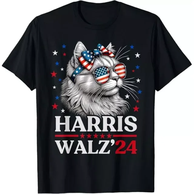 Funny Cat Ladies American Flag for KamalaHarris Walz 2024 Unisex T