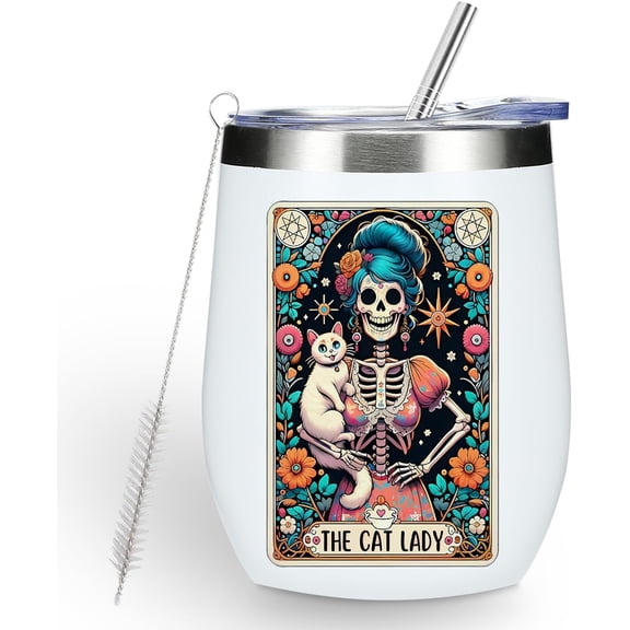 Funny Cat Lady Skeleton Wine Tumbler, Sarcastic Skull Gothic Witch Stuff Goth Witchy Gifts for Women Cat Lover Birthday Christmas Coffee Cup Insulated Stainless Steel 12oz Wine Glass with Lid, Straw