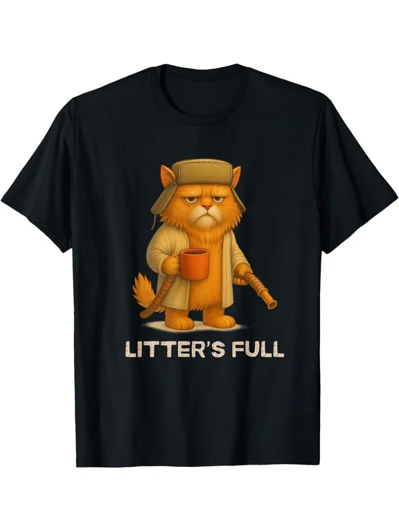 Funny Cat Litter S Full Graphic Tee Vintage Cartoon Orange Cat With Hat And Mug Humor Pet Lover Gift Cotton Men S Women S Tee Shirt