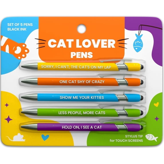 Funny Cat Lover Gift Pen Set, 5-Piece Pen Set with Stylus Tip, Gift for Cat Parents, Friends and Co-Workers