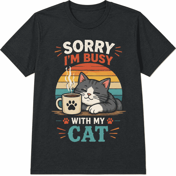 Funny Cat Lover Graphic T-Shirt, Sorry I'm Busy With My Cat Print Tee, Cute Coffee Cat Casual Short Sleeve Shirt for Women and Men