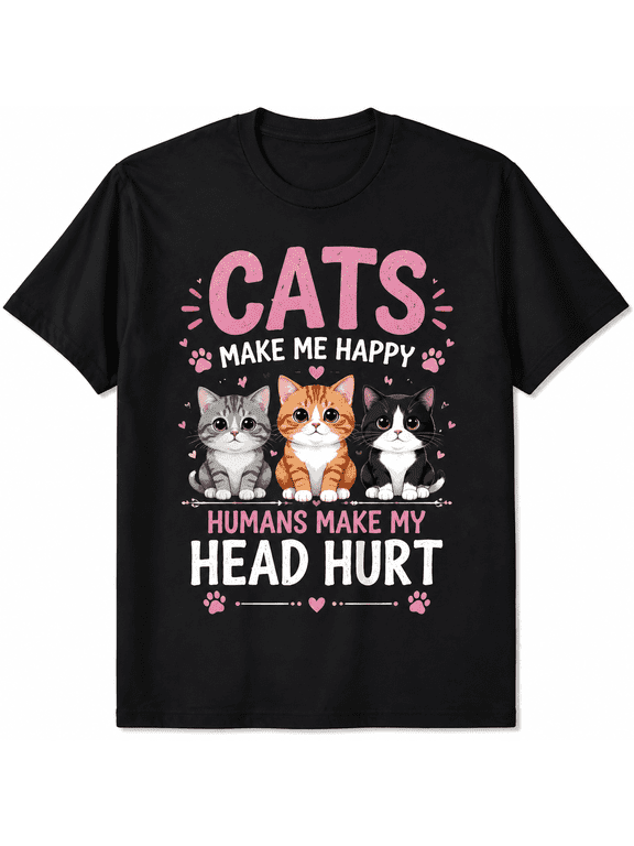 Funny Cat Lover Graphic T-Shirt for Women Men, Cute Kittens Cats Make Me Happy Graphic Tee, Casual Short Sleeve Cat Lover Gift