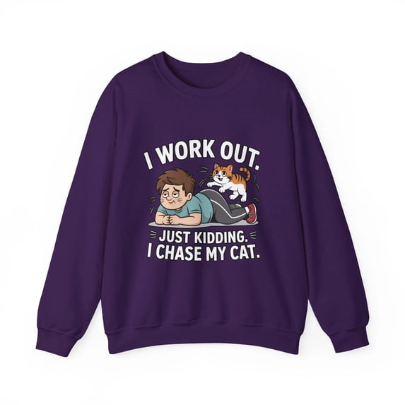 Funny Cat Lover Sweatshirt, I Work Out Just Kidding Gift, Unisex Crewneck Purple