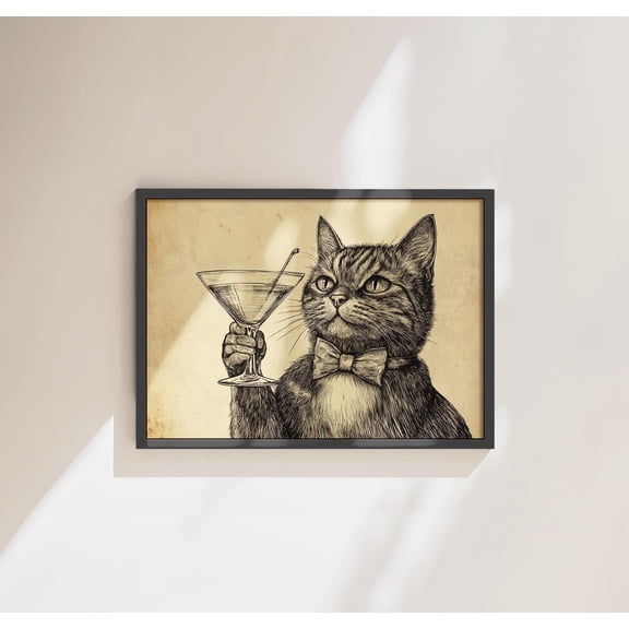 Funny Cat Martini Print: 1920s Speakeasy Bar Cart Wall Art Poster Vintage Style, Poster Only