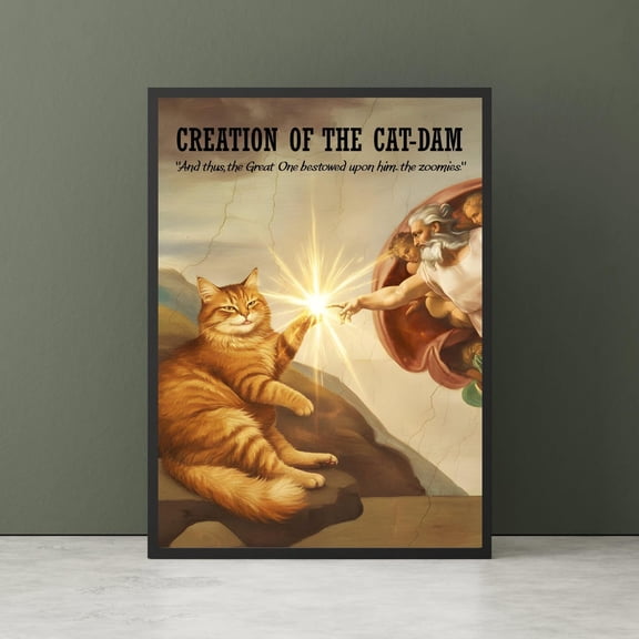 Funny Cat Meme Poster, Michelangelo Creation of Adam Parody, Renaissance Cat Art Print., Poster Only