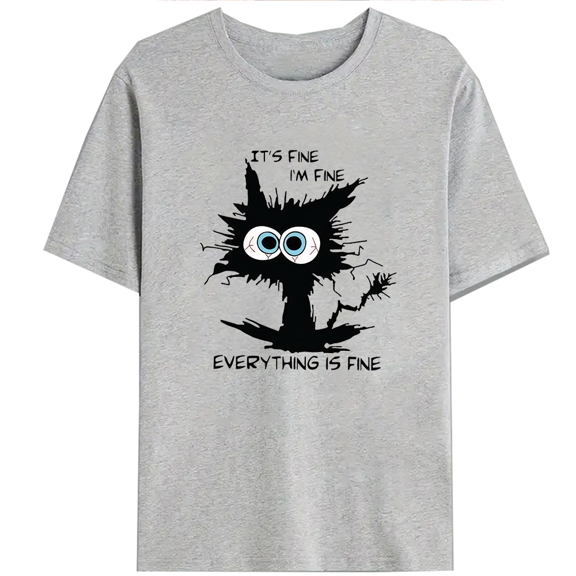 Funny Cat Meme Print Tshirts - 'It's Fine I'm Fine' Sarcastic Graphic Tees Cat Lover Short Sleeve Shirts Casual Cotton Tops for Daily Outfits Gray,M