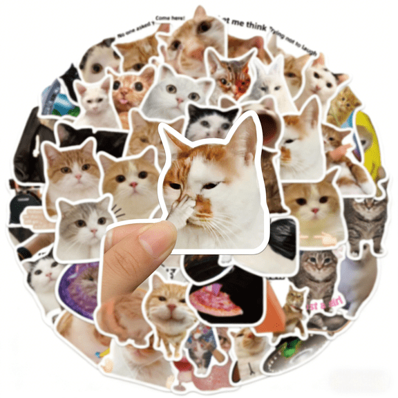 Waterproof Cat Meme Stickers – 50Pcs Funny Kawaii Vinyl Stickers for Journaling Laptops Water Bottles