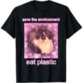 thumbnail image 1 of Funny Cat Meme T-Shirt – “Save the Environment, Eat Plastic” Cute Animal Humor Tee, 1 of 4