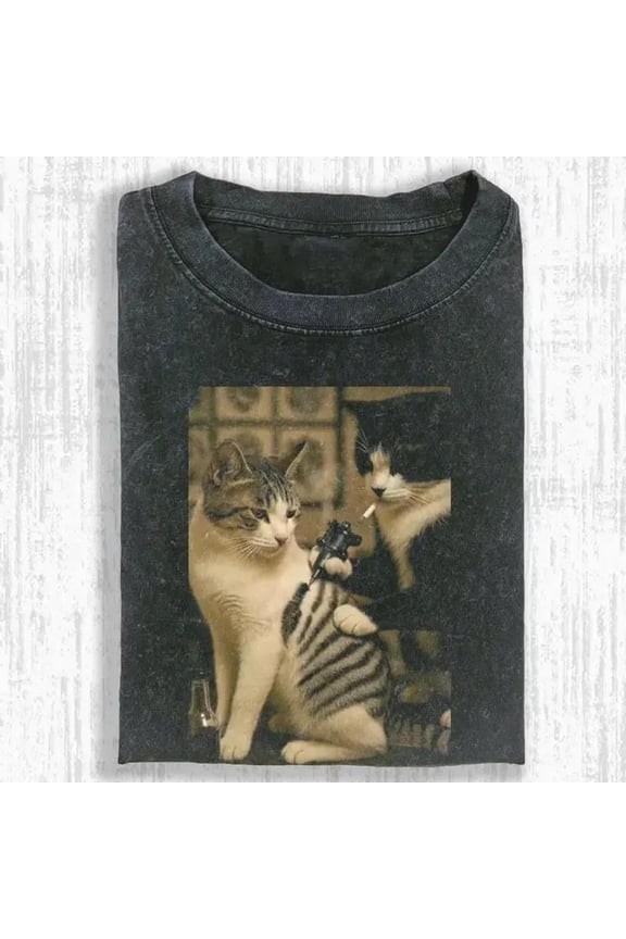 Funny Cat Meme T-Shirt with Retro Tattoo Style, Dark Humor Graphic Tee for Adults
