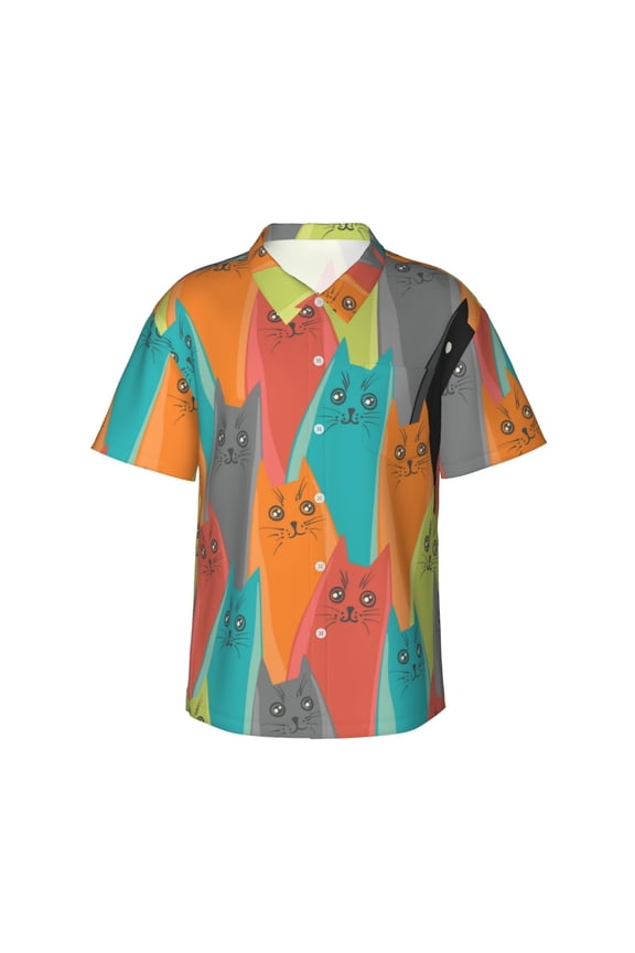 Funny Cat Men's 3d Print Casual Button Down Shirts, Novelty Hawaiian Short Sleeves Xl