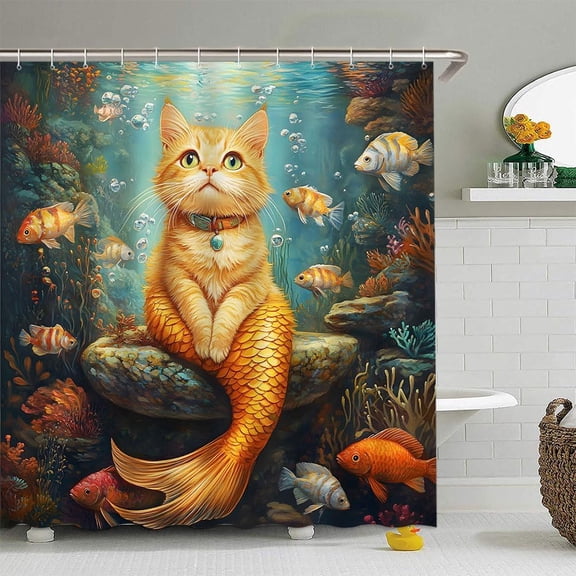 Funny Cat Mermaid Shower Curtain, Cute Kitty Underwater with Tropical Fish, Nautical Pet Lover Bathroom Decor 36"W x 72"H