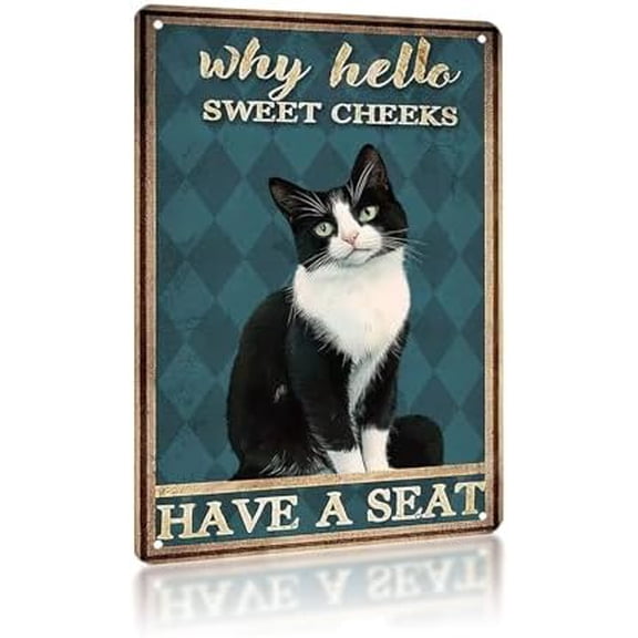 Funny Cat Metal Sign Why Hello Sweet Cheeks Tin Signs Cat Wall Decor for Bathroom Washroom Toilet 812 Inch