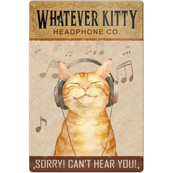 Funny Cat Metal Signs Whatever Kitty Headphone Company Vintage Tin Sign Retro Wall Decor for Home Office Farmhouse Yard Garden Shop Cafe Indoor Outdoor 812 Inches