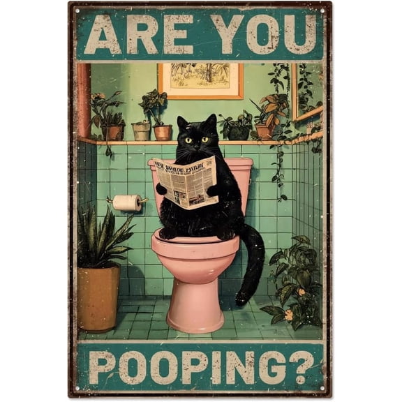 Funny Cat Metal Tin Sign Are you Pooping Metal Poster Sign Vintage Black Cat Painting Toilet Bathrooms Wall Art Poster Plaques