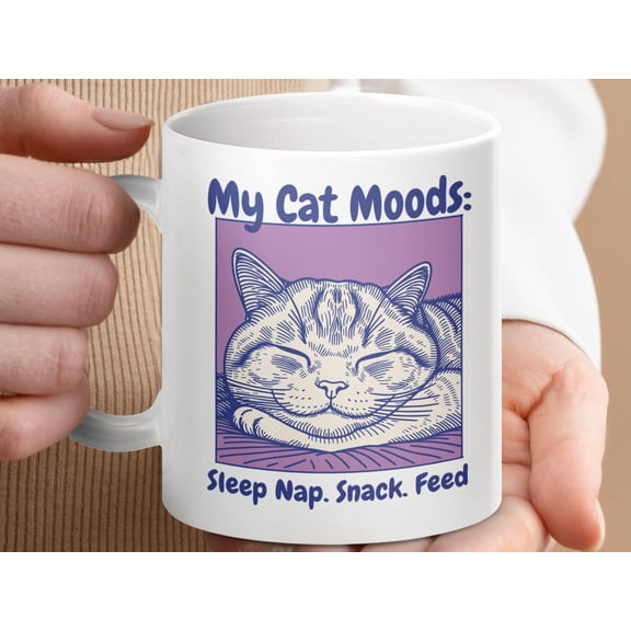 Funny Cat Moods Mug: Ceramic Coffee Cup, Cat Lover Gift