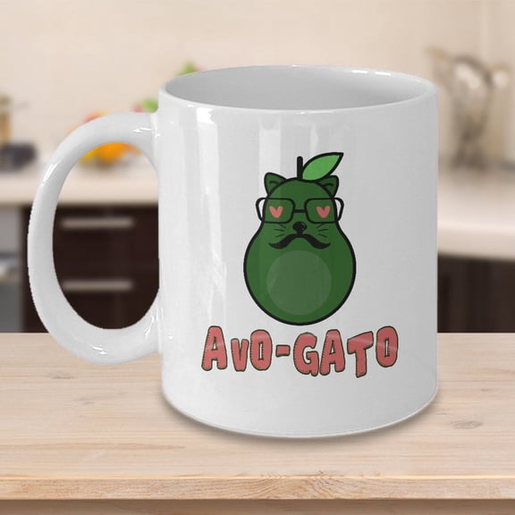 Funny Cat 11 oz Coffee Mug - Avocado Design White Ceramic Gift