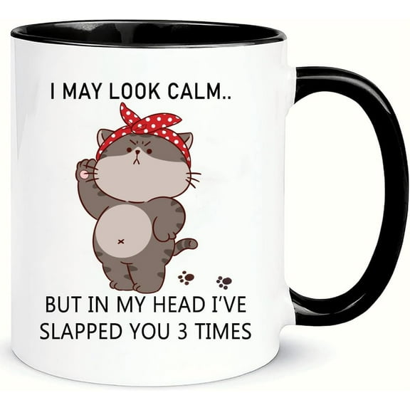 Funny Cat Mug Gift I may Look calm But In My Head, I've Slapped You 3 Times Funny Gifts For Women - Birthday, Christmas Gift For Friend, Mom, Dad, Coworker, Boss, Colleague 11 OZ