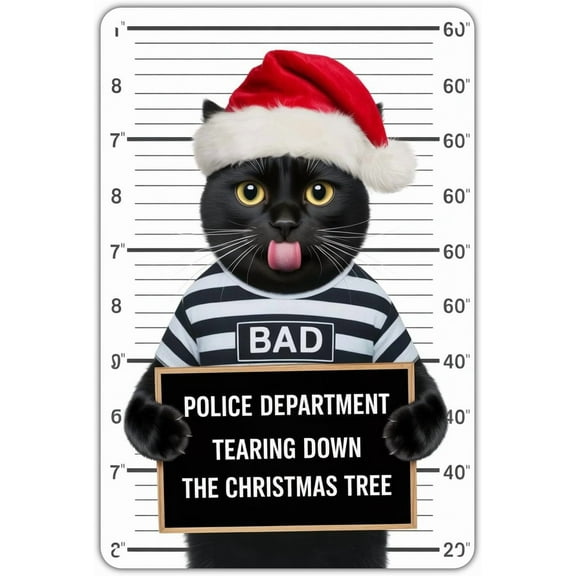 Funny Cat Mugshot tin sign, Vintage Black Cat Tearing Down Christmas Tree Metal Sign print Aesthetic Room Decoration for Home Bedroom Kitchen Bar Coffee Bathroom Indoor Outdoor Wall Decor, 8 X 12 IN